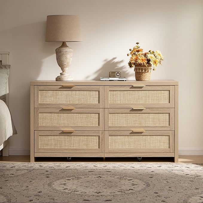 SICOTAS Rattan Dresser for Bedroom, 57" Wide 6 Drawer Dresser | Dressers with Ample Storage, Large Chest of Drawers, Closet, Boho TV Stand for Bedroom, Reclaimed Light Oak, 1 Piece