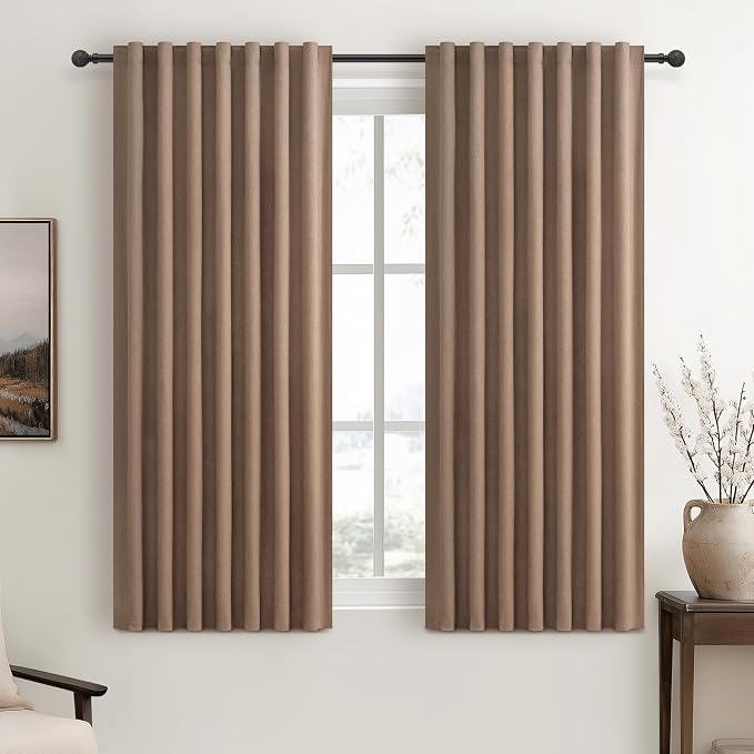 Rust Brown Short Small Window Room Darkening Curtains 54 Inches Long for Bedroom/Basement, Boho Linen Thermal&Soundproof Blackout Curtain Back Tab Pleated with Hooks Chocolate (50"Wx54L 2 Panels)