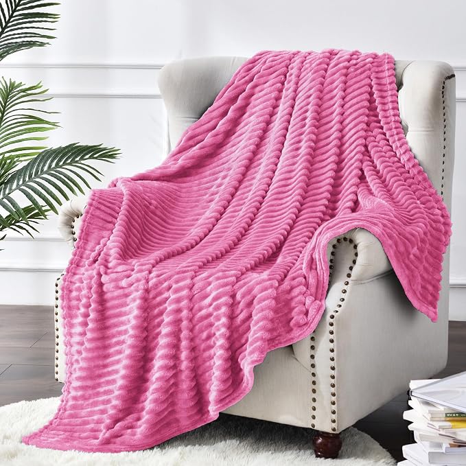 BEDELITE 3D Ribbed Hot Pink Fleece Throw Blanket for Couch, 50x60 Inch | Soft Warm Decorative Fluffy Blanket, Cozy Plush Lightweight Fuzzy Throw Blanket for Bed Sofa Home Room Decor, Gift for Women