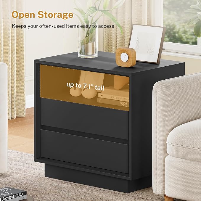 TEENFON Nightstands Set of 2, Night Stand with 2 Drawers and Open Shelf, Nightstand Side Table with Cut-Out Handle, Bedside End Table for Bedroom, Black, 17.7″ L × 15.7″ W × 23.6″ H