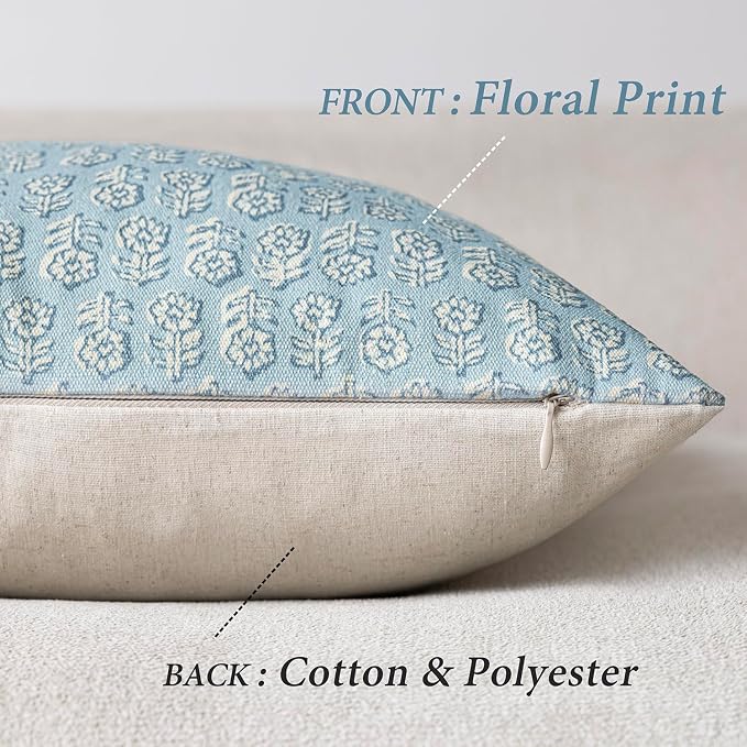 Foindtower Set of 2 Decorative Vintage Floral Print Throw Pillow Covers Neutral Accent Farmhouse Cushion Covers Boho Home Decor for Sofa Couch Chair Bedroom Living Room Outdoor,20×20 Inch,Sky Blue