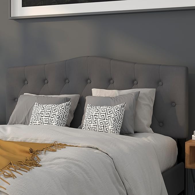 EMMA + OLIVER Dark Gray Queen Button Tufted Headboard | Adjustable Bed Rail Slots, Fabric Upholstered