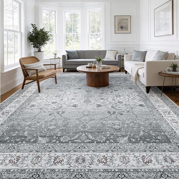 AMADA HOMEFURNISHING 8x10 Area Rugs, Washable Living Room Rug with Non-Slip Backing, Low Pile and Durable Edge Binding, Soft Vintage Floral Rugs for Living Room, Bedroom, Dining Room