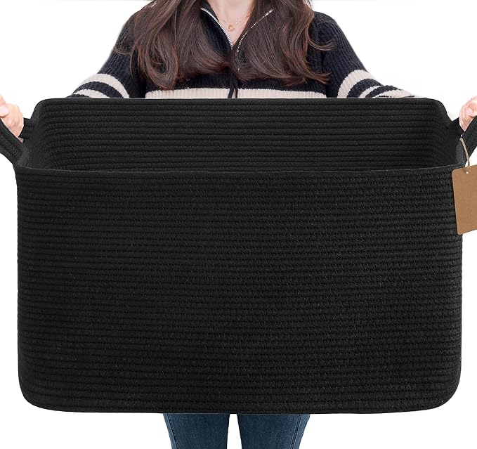 Goodpick 75L Extra Large Woven Rope Blanket Basket, Rectangle, Black | 22" × 17" × 12" Decorative Storage Basket for Pillows, Toys & Clothes, Fits Bedroom & Nursery Organization, Writable Label