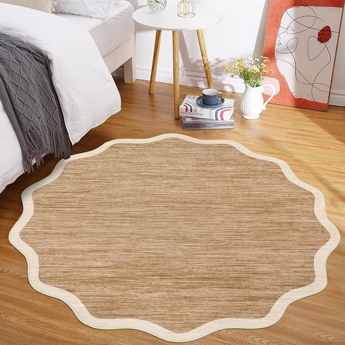 GarveeHome Scalloped Washable Round Rugs 4ft Non-Slip Soft Ultra-Thin | Small Boho Circle Stain Resistant Low Pile Carpet for Entryway Kitchen Bedroom Nursery Bathroom
