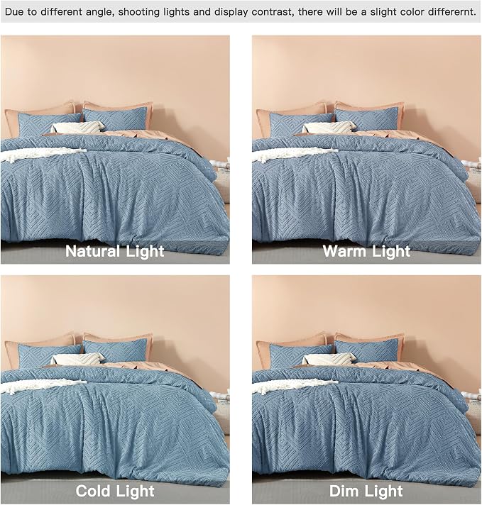 Litanika Oversized Queen Comforter Set, 3 Pcs Tufted Boho Bedding Set | Grayish Blue Farmhouse Shabby Chic Vintage Bohemian Textured Aesthetic Soft Fluffy Lightweight Breathable All Season Bed Set