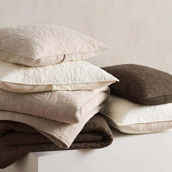 EVERGRACEHOME 100% Cotton Paisley Quilt Set, Queen Size, Cocoa Brown | Prewashed for Softness, Year-Round Breathability, Gift-Ready Box, Matelasse-style Quilted Coverlet, 3 Piece Set with 2 Shams