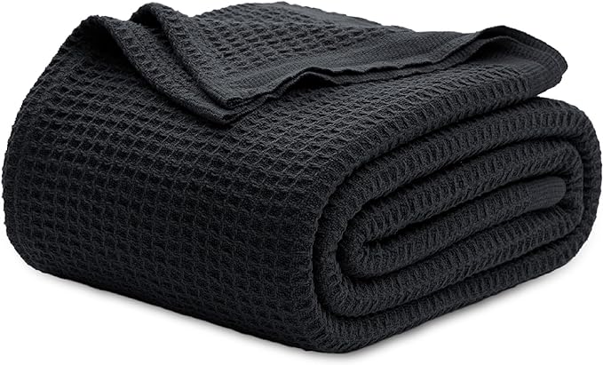 Bedsure 100% Cotton Blanket, Waffle Weave, Full Size, Black, 80"x90" | Breathable, Soft, Cozy, Cooling, Waffle Texture, Summer Blanket for Bed, Gifts for Women, Machine Washable, All Seasons