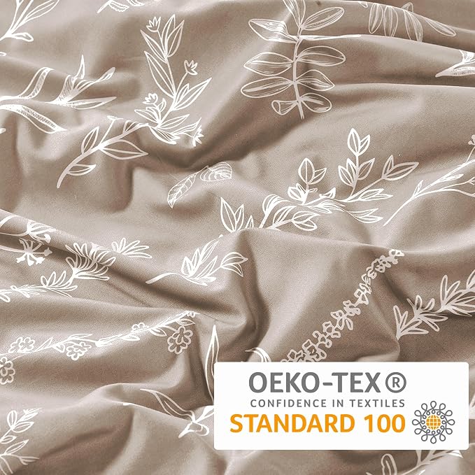 MUXHOMO Duvet Cover King Size, Reversible Floral Taupe Duvet Cover Set with Zipper Closure, 3 Pieces Botanical Patterns Soft Microfiber Bedding Set with 4 Ties (90"x104", 2 Pillow Cases)