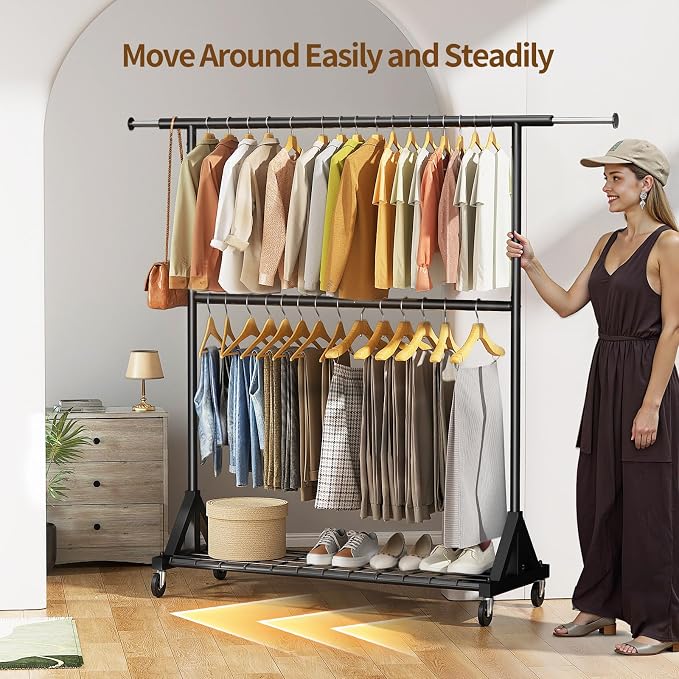 Luxspire Heavy Duty Clothes Rack with Lockable Wheels Load 600 LBS, Black | Double hanging rods, heavy-duty iron mesh frame, adjustable extendable rods, ideal for laundry room & bedroom garment storage