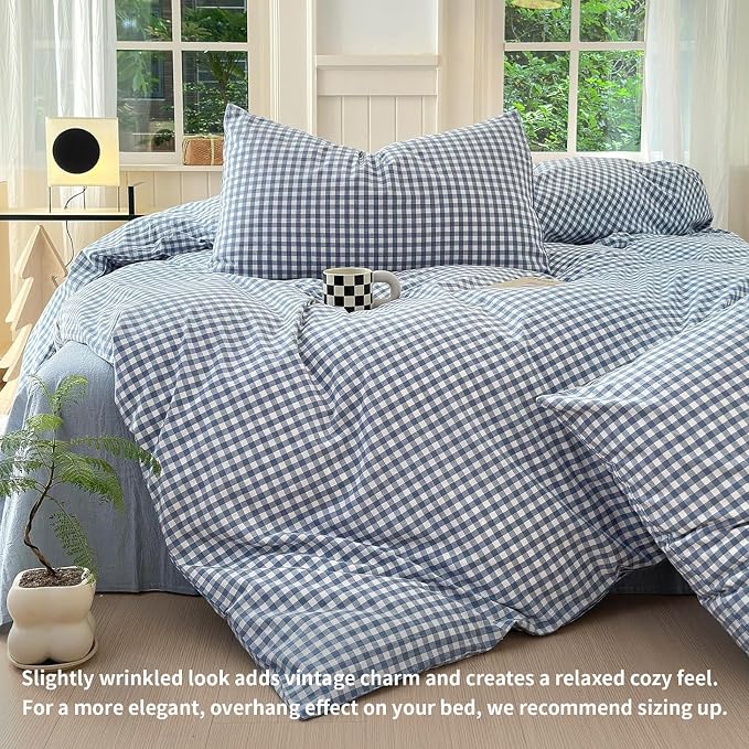 LifeTB Blue Gingham Comforter Set King 3 Pieces Modern Plaid Checkered Pattern Comforter Gingham Bedding Set Fluffy Soft Grid Plaid Bedding Comforter Farmhouse Checkered Comforter Set King Size
