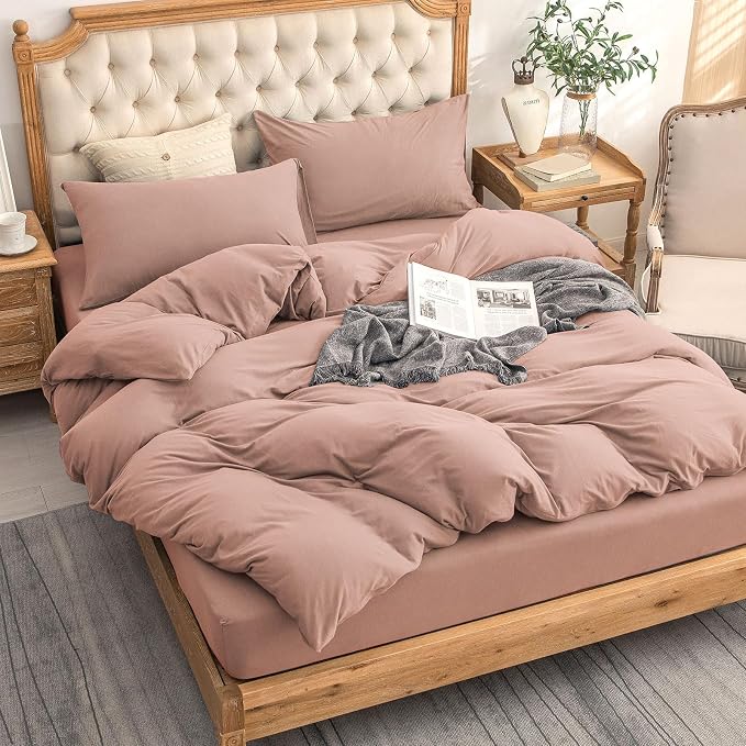 PURE ERA Jersey Knit Sheet Set Solid Petal Pink Queen | 100% Cotton, 3 Piece Set, T Shirt Soft, Breathable, Envelope Closure Pillowcases, Hidden Zipper, 8 Ties, No Insert, Modern