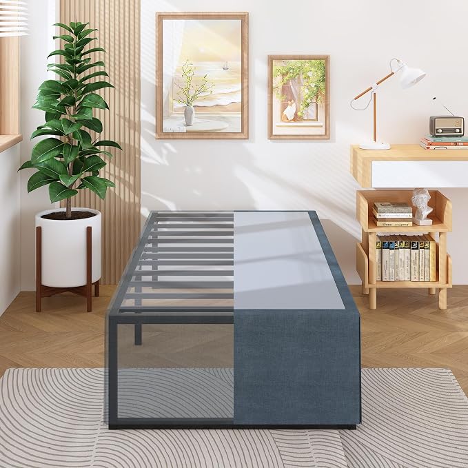 Lutown-Teen 18 Inch Twin XL Bed Frames with Fabric Bed Cover | Heavy Duty Sturdy Metal XL Twin Platform Bed Frame No Box Spring Needed, Noise Free, Easy Assembly, Black and Blue