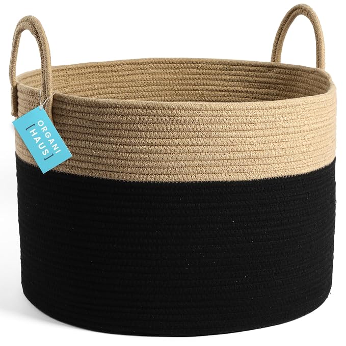 OrganiHaus Round Toy Basket & Blanket Basket, Cotton Rope 20x13" | Black / Honey - Round Cotton Rope Basket, 20x13"