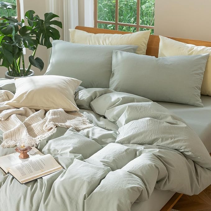 MooMee Duvet Cover Set 100% Washed Cotton Linen Like Super King | Relaxed Linen-like Texture. Soft, Breathable & Long-lasting Comfort. Lightweight. Hidden Zipper with 8 Interior Corner Ties