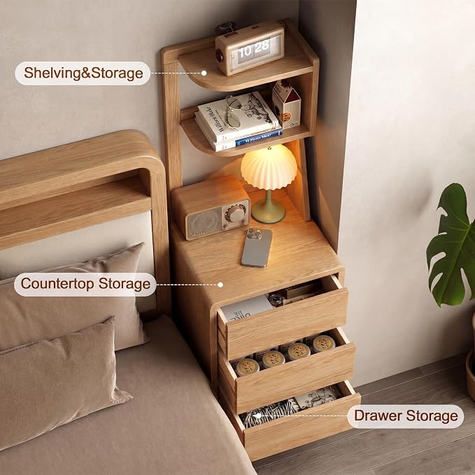 Solid Wood Bookshelf Nightstand Combo, Tall Nightstand with Bookshelf | Oak Nightstand Bookshelf,Narrow Nightstand with Drawers,Open Shelf Bookcase,for Bedroom,Living Room,Offices