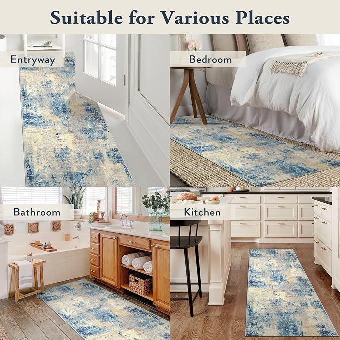 Lahome Modern Abstract Rug Runners for Hallways Non Slip, 2x7 Carpet Runner Rug for Kitchen Non Skid Washable, Soft Floor Mat for Bathroom Bedside Entrance RV, Blue/Yellow/Ivory
