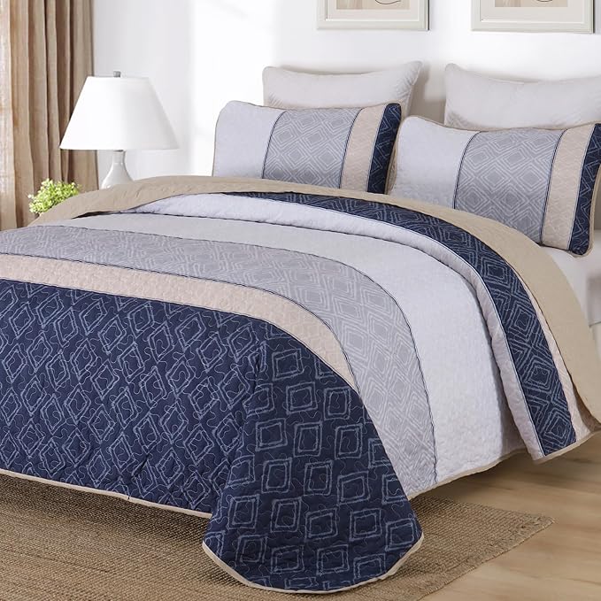 Cottolester Quilt Set Queen,3 Pcs Khaki Navy Blue Striped Plaid Bedspread | Ultra Soft Summer Lightweight Coverlets Set for Men Women,Microfiber Patchwork Quilt Bedding Sets for All Seasons 96"x90"