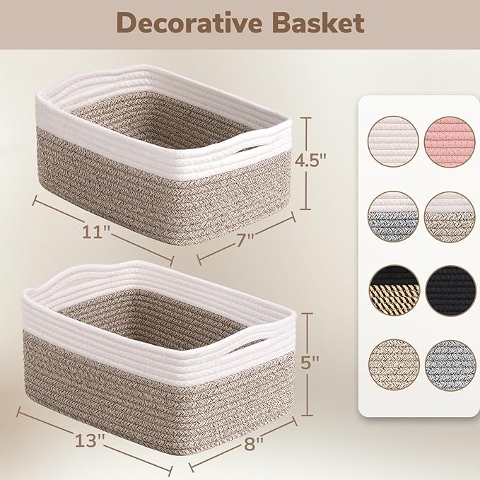 Goodpick 3-Pack Rope Storage Baskets for Gifts, 13 x 8 x 5 in | Woven Baskets for Closet Fit Bedroom Lving Room, Baby Baskets for Gift Empty, Dog Toy Basket for Pets, White & Light Brown