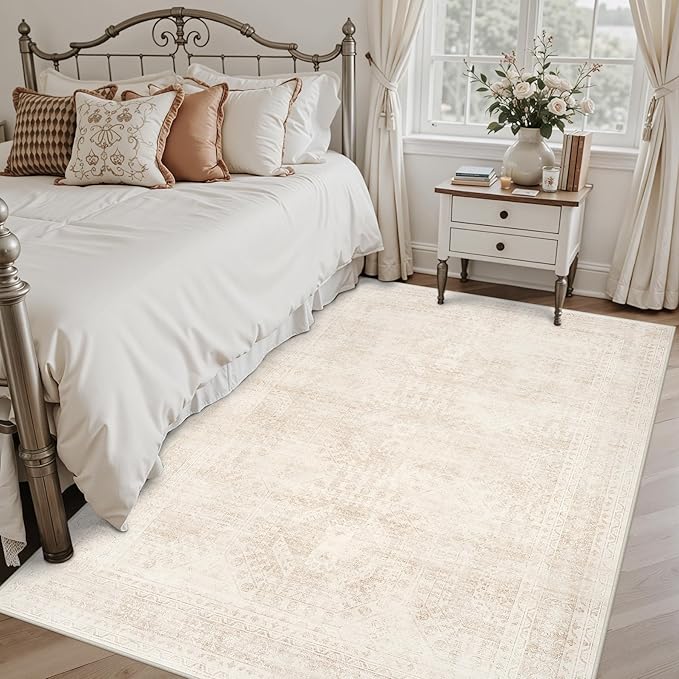 6x9 Area Rugs Living Room: Bedroom Neutral Washable Carpet Beige | Large Vintage Boho Indoor Decor Carpets Soft Nursery Farmhouse Dining Room Office Floor Non-Slip Low Pile Under Table Rug