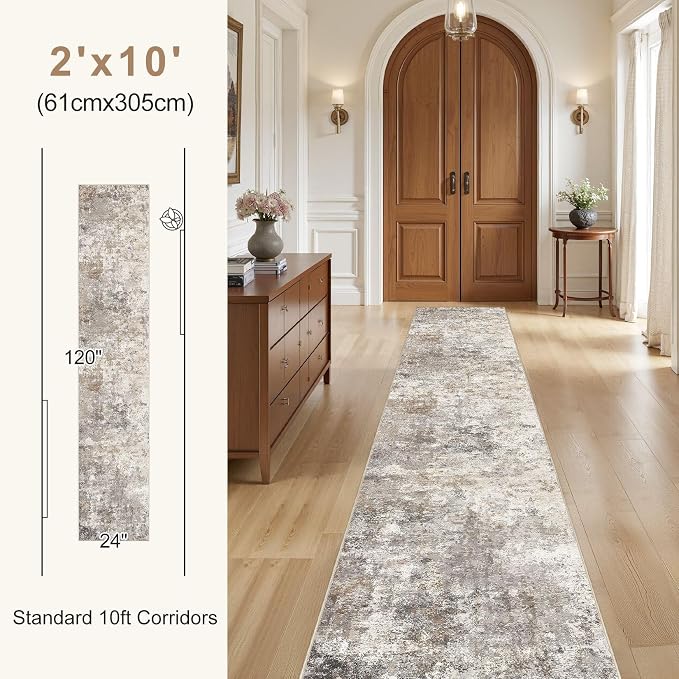 UERMEI 2x10 Washable Runner Rug for Hallway, Non Slip Low Pile Kitchen Carpet, Neutral Modern Abstract Indoor Floor Mat for Entryway Laundry, Kid & Pet Safe High Traffic Area, Brown Grey
