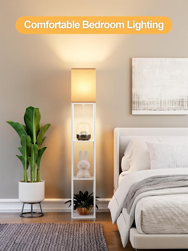Floor Lamp with Shelves for Living Room White, Shelf Floor Lamp with 3 CCT LED Bulb, Corner Display Standing Column Lamp Etagere Organizer Tower Nightstand with White Linen Shade for Bedroom, Office