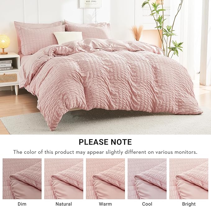 HYMOKEGE Rose Gold King Size Comforter Set Seersucker 7 Pieces, All Season Luxury Bed in a Bag for Bedroom, Bedding Set with Comforters, Sheets, Pillowcases & Shams