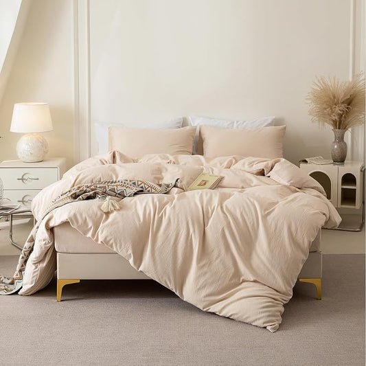 BDEAR 3Pcs Beige Duvet Cover Set Queen Size 90" L x 90" W, Skin Friendly | 100% Washed Cotton, 1 Duvet Cover with 2 Pillowcases, Zipper Closure, OEKO TEX Standard,8 Corner Ties,Linen-Liked Texture