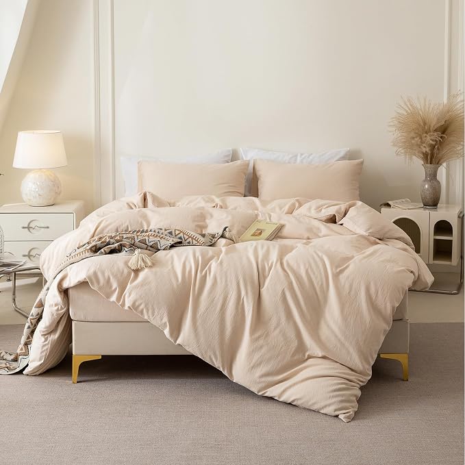 BDEAR 3Pcs Beige Duvet Cover Set King Size 104" W x 90" L, Skin Friendly | 100% Washed Cotton, 1 Duvet Cover with 2 Pillowcases, Zipper Closure, OEKO TEX Standard,8 Corner Ties,Linen-Liked Texture