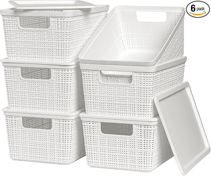 6 Pack Plastic Storage Baskets with Lid,White Stackable Bins | Durable Woven Plastic With handle Breathable,Save space,For Organizing Desktops, Closets, Playrooms, Classrooms, Offices
