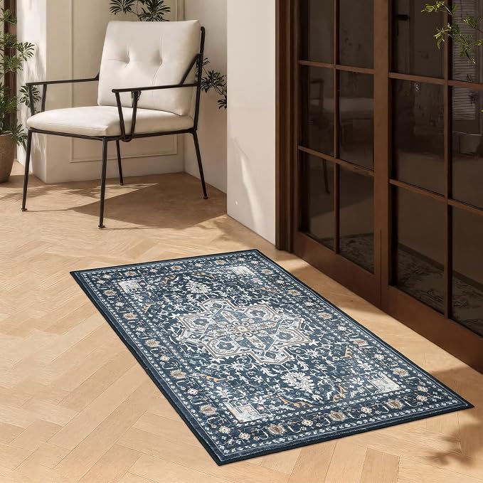 Rugflix 2x3 Entrance Rugs, Washable Navy Blue Entry Small Rug | Machine Washable; Stain-Resistant; Low Pile; Non-Slip; Vintage Printed; Carpet for Bedroom Dining Office Nursery Home