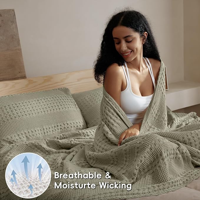 PHF Lightweight 100% Cotton Waffle Blanket for Bed, King, Dusty Sage | Pre-Washed Soft Cotton Comfort, Breathable Layering Warmth for Fall & Winter, Bed, Sofa, Couch, Home Decor & Gifts