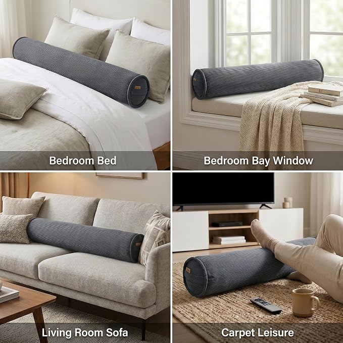 Corduroy Full Body Cylinder Pillow for Adults, Cozy Bolster Pillow for Bed & Sofa, Soft Support Hugging Pillow, 59 x 7.87 Inches, Dark Grey