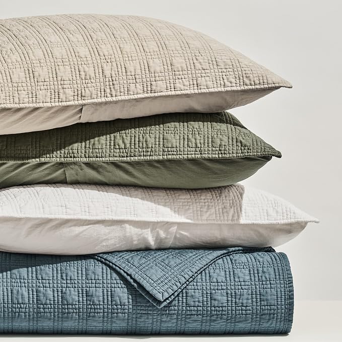 EVERGRACEHOME Cotton Sateen Windowpane Quilt Set Queen Size, Sonoma Blue | 100% Cotton, Pre-Washed Soft Coverlet Bedspread, 3-Piece Lightweight Bedding Set for All Season, with 2 Pillow Shams