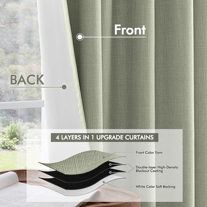 MIULEE 100% Blackout Back Tab Pleat Linen Curtains 50" Wx108 L,Sage Green | 2 Panels,Thick Faux Linen,Textured Drapes,with Hooks,for Bedroom Living Room,Black Out,Room Darkening