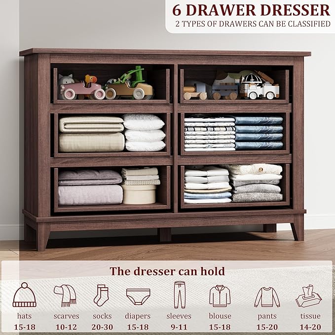 GarveeHome 6 Dresser for Bedroom, 47 in Wide Drawer Dresser with Storage Freestanding, Wooden Closet Storage Chest for Living Room, Bedroom, Entryway, Walunt