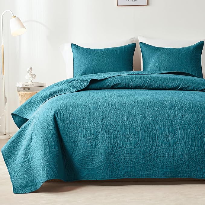 akkialla Teal Twin Quilt Set, Ultrasonic Lightweight Bedspread Coverlet for Modern Minimalist Bedroom, Soft Microfiber Coin Pattern Bedding, 2-Piece (1 Quilt, 1 Pillow Sham) | Breathable fabric