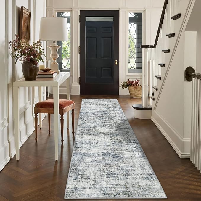 2'6''x8' Runner Rugs Washable Rug:Modern Abstract Hallway Blue Multi Carpet | Non-slip TPE backing makes this washable soft low-pile rug safe & durable, Pet-friendly decor for dining room,nursery,office