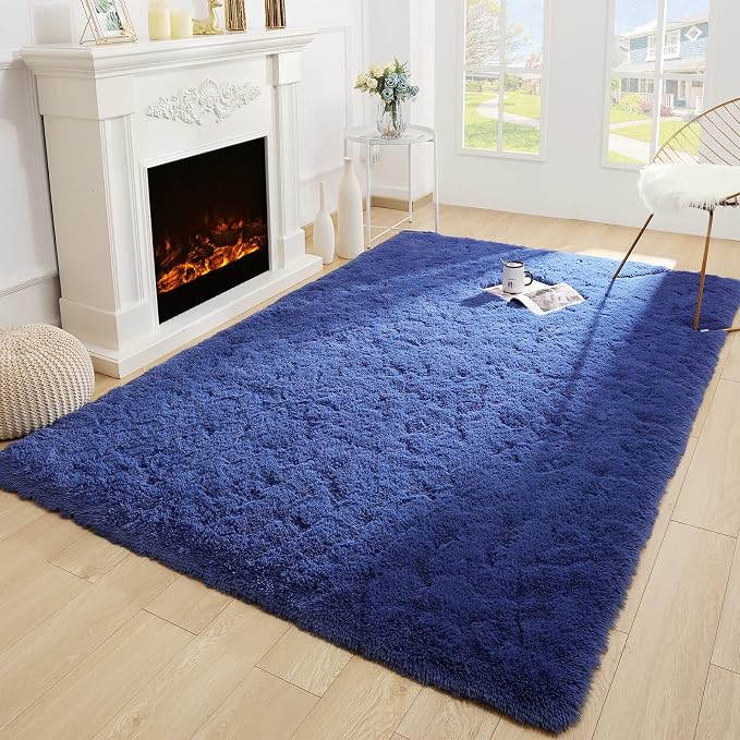 Soft Modern Indoor Large Shaggy Rug for Bedroom Livingroom Dorm Kids Room Home Decorative, Non-Slip Plush Fluffy Furry Fur Area Rugs Comfy Nursery Accent Floor Carpet 5x8 Feet, Light Navy
