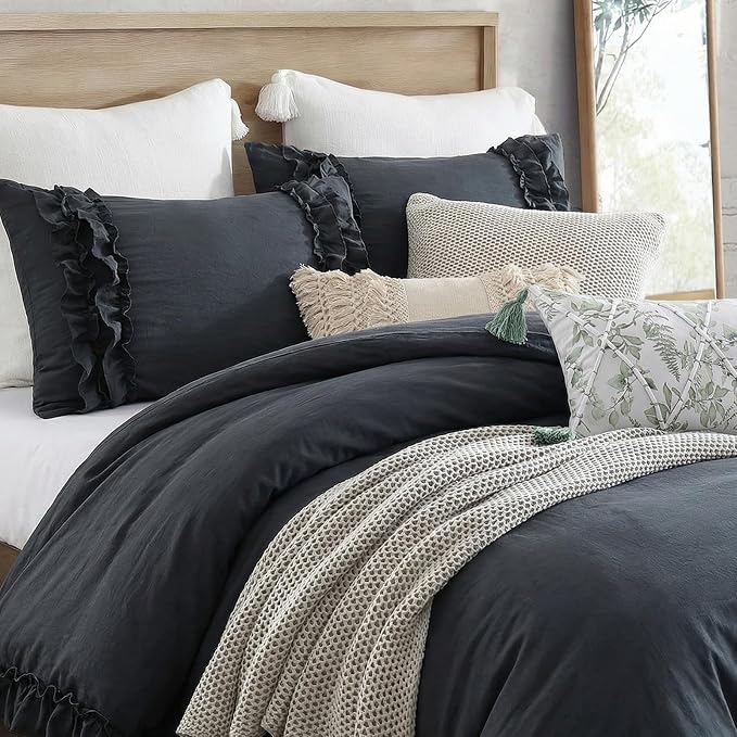 Bedorm Navy Ruffle Duvet Cover Vintage King Bedding Set Navy Blue Lace Fringe Ruffled Bedroom Decor Shabby Chic Boho Comforter Cover with Pillowcases
