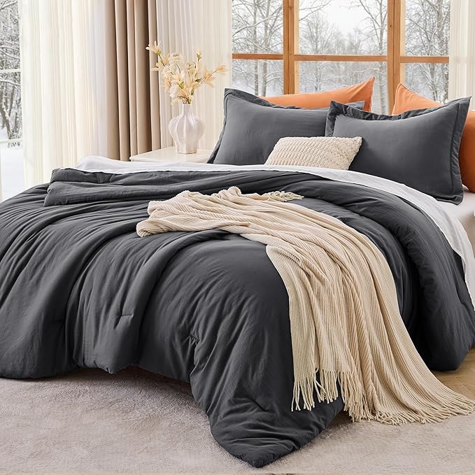 California King Comforter Set, All Season Ultra Soft Down Alternative Bedding - 3 Piece Lightweight Bed Set Includes 1 Comforter (104"x96") and 2 Pillow Shams (20"x36"), Dark Grey