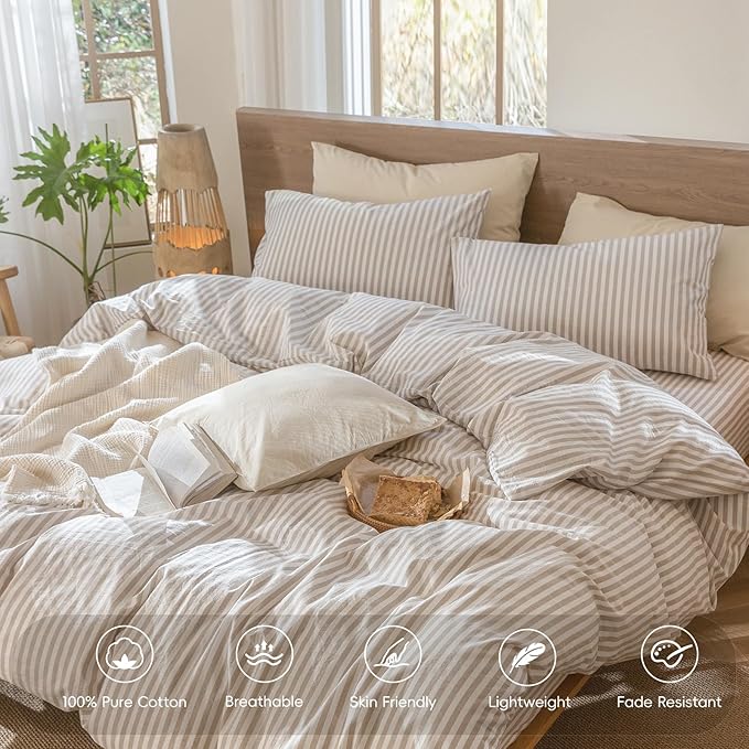 MooMee Striped Duvet Cover Set 100% Washed Cotton Linen Like Super King | Relaxed Linen-like Texture. Soft, Breathable & Long-lasting Comfort. Lightweight. Hidden Zipper with 8 Interior Corner Ties