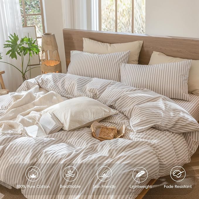 MooMee Striped Duvet Cover Set 100% Washed Cotton Linen Like Super Queen | Relaxed Linen-like Texture. Soft, Breathable & Long-lasting Comfort. Lightweight. Hidden Zipper with 8 Interior Corner Ties