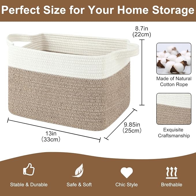 OIASKET Storage Basket for Organizing, Woven Baskets for Storage, Rectangle Decorative Baskets for Shleves, Closet, Toys, Books, Nursery Organizer Bins - Pack of 3 (Brown & White, 13"x9.85"x8.7")