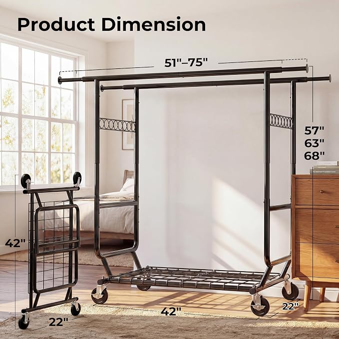 HOKEEPER Clothes Rack Heavy Duty Clothing Rack Load 650 LBS Collapsible | Garment Rack with Wheels Double Rod Clothes Rack for Hanging Clothes Commercial Portable Black, 2 Packs 22"D*75"W*68"H