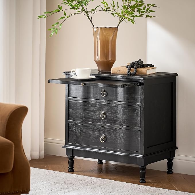HULALA HOME Solid Wood End Table with Charging Station, 3 Drawer End Table with Pull-Out Tray, USB & Type-C Ports, Traditional Curved Front Accent Side Table for Living Room Sofa, Charcoal