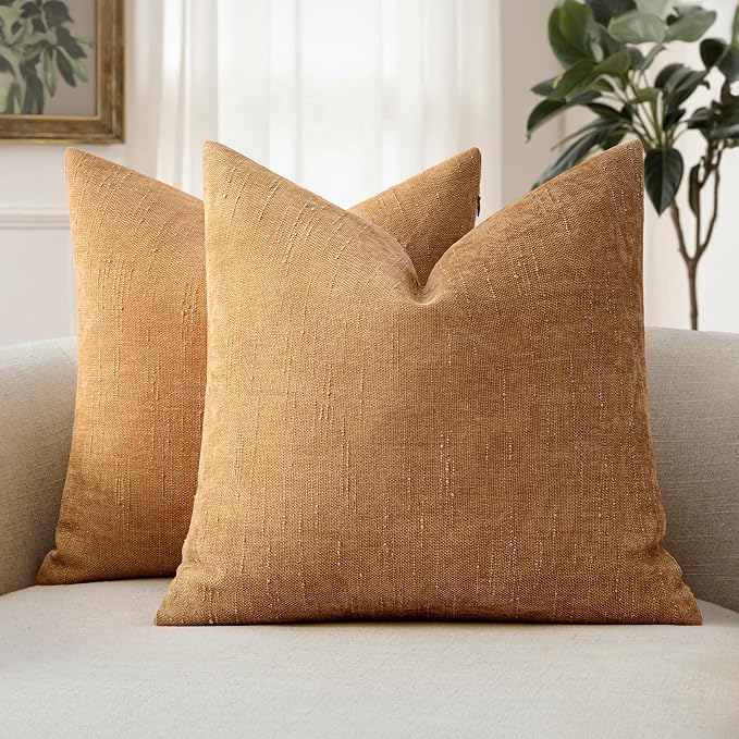 MIULEE Textured Chenille Throw Pillow Covers 22x22 Inch Golden Brown | Pack of 2 Decorative Soft Throw Pillows, Solid Textured Cushion Covers, Modern Home Decor for Couch Sofa Bedroom Living Room