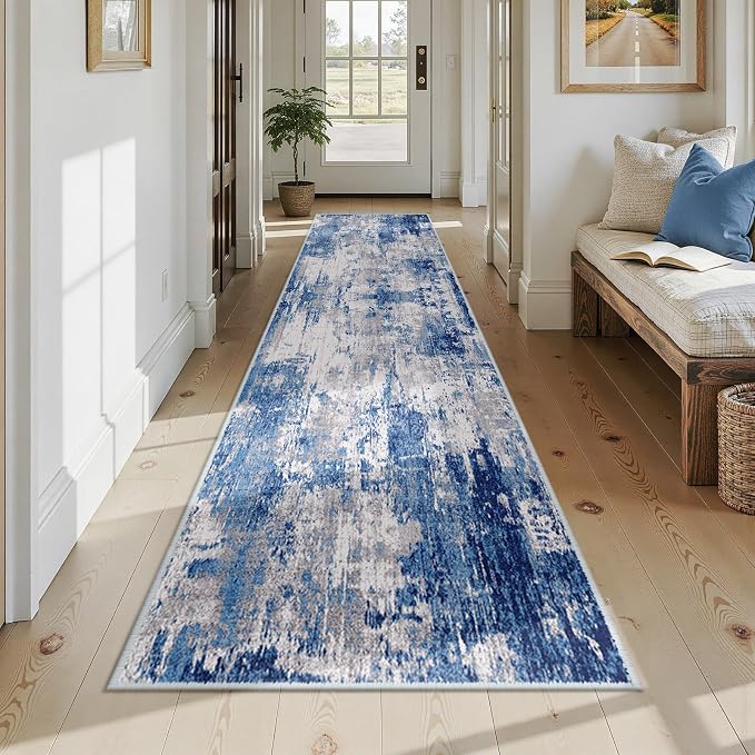 RELEANY Washable Runner 2'6"x12' Abstract Area Rug for Hallway Blue Gray | Carpet for Kitchen, Entryway, Bathroom, Living Room, Bedroom, Printed Pattern, Non‑Slip, Soft, Stain‑Resistant, Easy to Clean