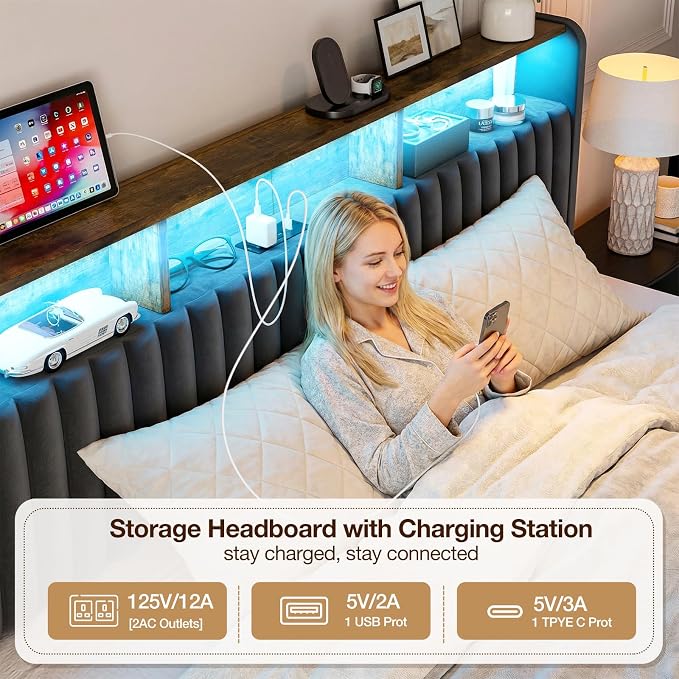 IKIFLY California King Storage Headboard Only, Adjustable Height, Black | Velvet Upholstered Cal King Head Board with LED Lights & Charging Station, Easy Assembly, Modern Freestanding Headboard