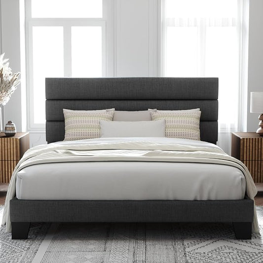 Allewie King Size Platform Bed Frame with Fabric Upholstered Headboard Gray | Wooden Slats Support, Fully Upholstered Mattress Foundation, No Box Spring Needed, Easy Assembly, Noise-Free, Dark Grey